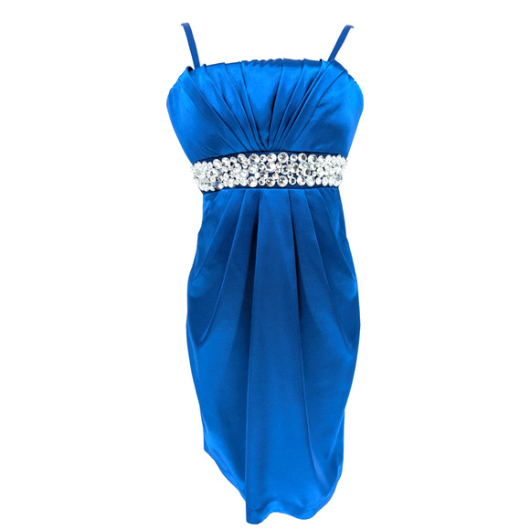 VTG Y2K XOXO Royal Blue Satin Rhinestone Gathered Empire Waist Mini Dress Small - Picture 1 of 10